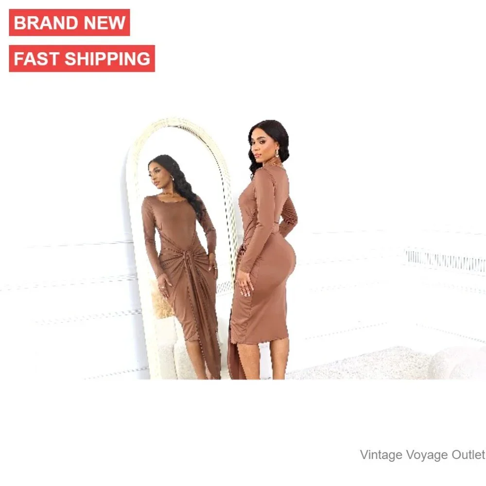 Long Sleeve Bodycon Midi Dress Wrap Tie Square Neck Party Dress - Picture 7 of 7